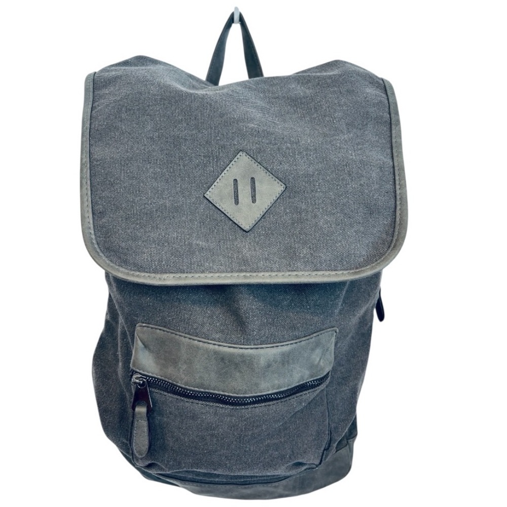 Unisex Gray Canvas Backpack with Flap Top & Drawstring Closure